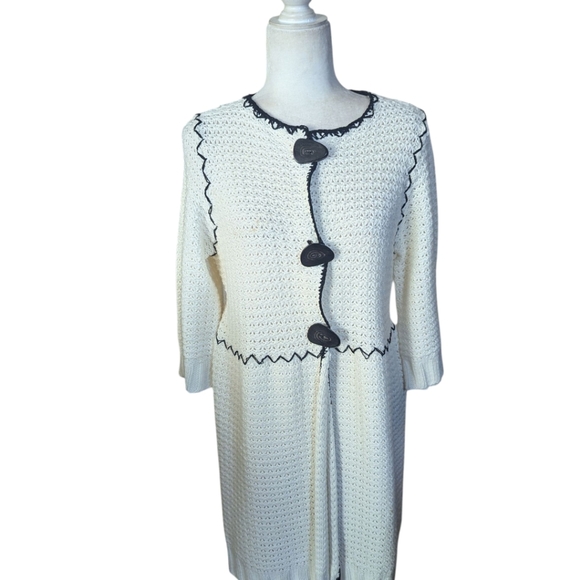 Y2K Cream Cardigan Knit Long Duster Bohemian Black Trim Funky Large Buttons Sz L - Picture 9 of 11